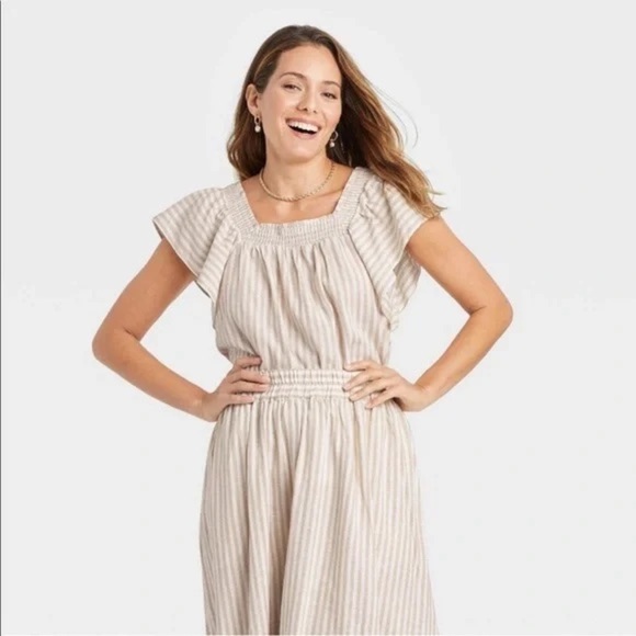 a new day Tops - A New Day Ruffle Short Sleeve Smocked Top Cream Striped XXL NWT